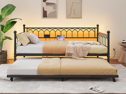 IDEALHOUSE Twin Daybed with Trundle, Day Bed with Charging Station and LED Lights, Heavy Duty Metal Bed Frame, Metal Sofa Bed Frame with Steel Slat Support for Living Room, Bedroom, Apartment, Black | Charging Station, LED Lights, Pull-Out Trundle, Space-