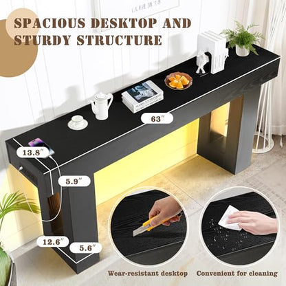 Grepatio 63 Inch Entryway Console Table, Wood Entry Way Table with LED Light, Long Console Table with USB Power Outlet, Narrow Sofa Behind Couch Tables for Entrance, Hallway, Living Room (LED Black) - color: Led Black