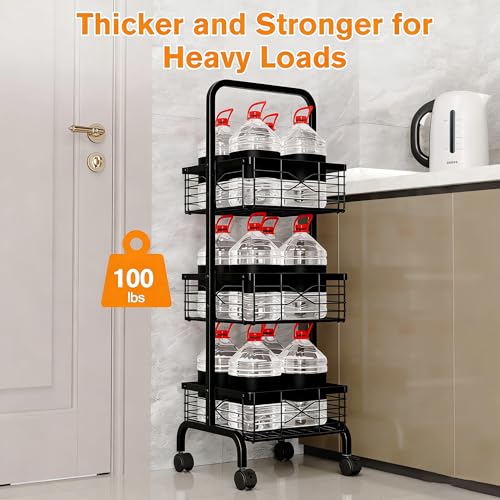 3 Tier Rolling Cart, Heavy Duty Metal Utility Cart with 4 Lockable Wheels & Handle, Multi-Purpose Storage Organizer for Kitchen, Bathroom, Laundry Room, Pantry, Office, Craft, Makeup (Black) - color: Black