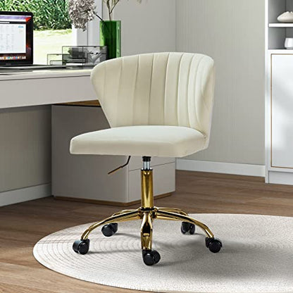 TINA'S HOME Office Desk Chairs with Wheels & Gold Base, Modern Velvet Cute Armless Office Chair, Adjustable Low Back Swivel Rolling Chair, Upholstered Task Chair for Living Room Vanity Study-Ivory | Modern Velvet Cute Armless Office Chair, Adjustable Low