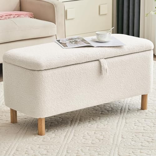 Boucle Storage Ottoman Bench for Bedroom end of Bed, Sherpa Upholstered Shoe Seat Storage Bench for Entryway Bed Foot, Rectangle Cushion Padded Blanket Chest Cute for Living Room, White - color: White