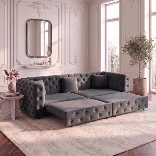 89" 4-Seater Queen Size Pull Out Sofa Bed with 3 Pillows, Gray | 4-Seater Classic Velvet Sofa with Tufted Design,3 Pillows,89" Extra Large 3-in-1 Pull Out Sofa - color: Q-dark Gray-w02
