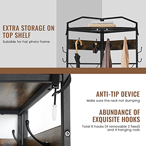 Recaceik Corner Coat Rack, Multifunctional Entryway Corner Shoe Rack with 8 Metal Double Hooks and Storage Shelf, Freestanding Corner Hall Tree Stand Storage for Living Room, Office, Rustic Brown