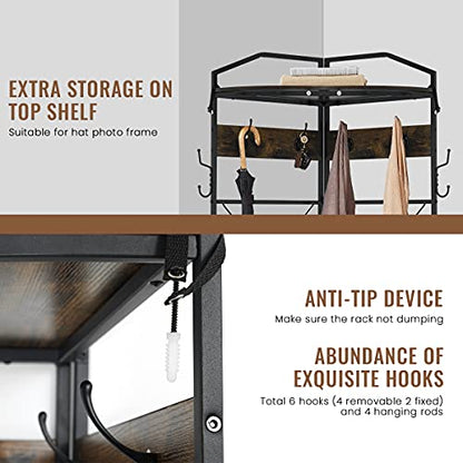 Recaceik Corner Coat Rack, Multifunctional Entryway Corner Shoe Rack with 8 Metal Double Hooks and Storage Shelf, Freestanding Corner Hall Tree Stand Storage for Living Room, Office, Rustic Brown
