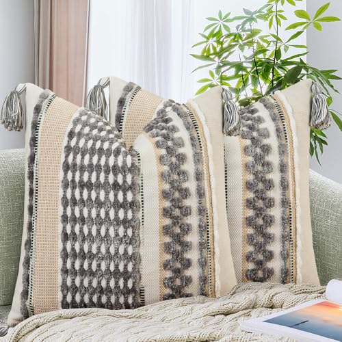 Set of 2 Chenille Striped Textured Boho Throw Pillow Covers Aesthetic with Tassels Woven Decorative Pillow Case for Couch Bed Sofa Bedroom Modern Funky 18 x 18-Inch Grey White - color: Grey White, size: 18" x 18" (Pack of 2)