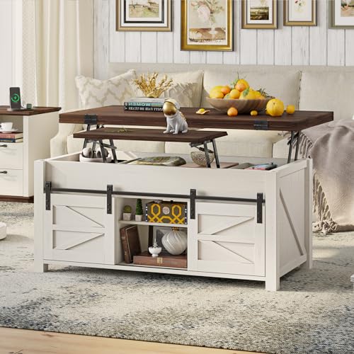 Lift Top Coffee Table for Living Room with 4 Sliding Barn Doors, 4 in 1 Farmhouse Coffee Table with Adjustable Shelves and Hidden Storage Compartment, Converts to Dining Table (Brown White)