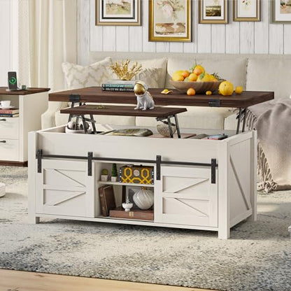 Lift Top Coffee Table for Living Room with 4 Sliding Barn Doors, 4 in 1 Farmhouse Coffee Table with Adjustable Shelves and Hidden Storage Compartment, Converts to Dining Table (Brown White)