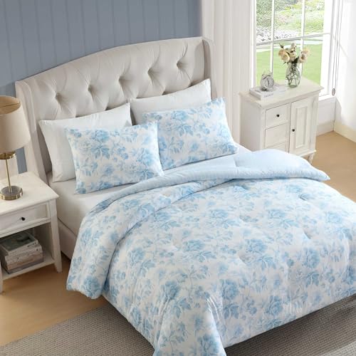 Laura Ashley - Twin Comforter Set, Bedding Set Includes Matching Bed Sheets, Sham & Pillowcase, Medium Weight, Oeko-TEX Certified (Anja Blue) - color: Anja Blue, size: Twin