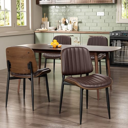 Dining Chairs Set of 2, Mid-Century Modern Upholstered PU Leather Chairs | with Walnut Bentwood Back and Metal Legs Adjustable Feet for Kitchen Dining Living Room, Dark Brown Vertical Stripes - color: Dark Brown Vertical Stripes