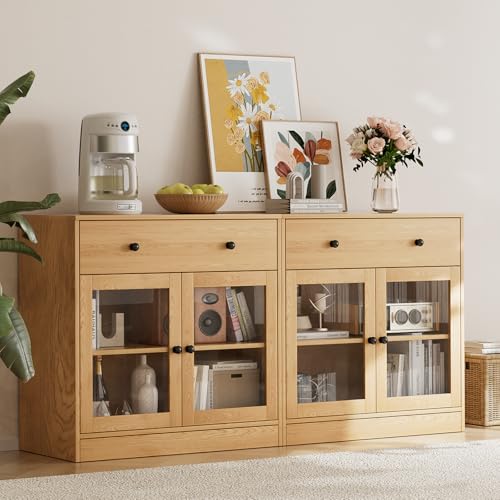 TUSY 71" TV Stand Storage Set - 2 Tall Bookcases & 2 Side Cabinets, Media Console with Glass & Wood Doors, Entertainment Center with Drawers, Tall Media Console for Living Room (Wood, AFFA) - color: Wood