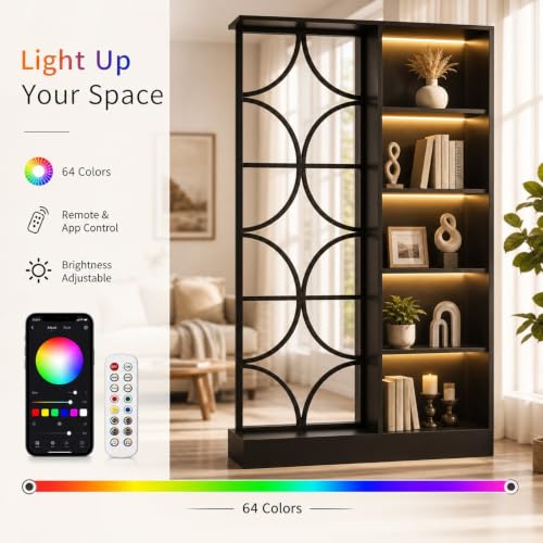Tribesigns 2PCS Wall Room Divider, Freestanding Wall Partition with Shelves | 71" Modern Entrance Hall Partition with LED Light, Geometric Frame Design for Living Room Separation, Home & Office, Black
