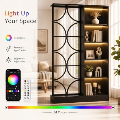 Tribesigns 2PCS Wall Room Divider, Freestanding Wall Partition with Shelves | 71" Modern Entrance Hall Partition with LED Light, Geometric Frame Design for Living Room Separation, Home & Office, Black