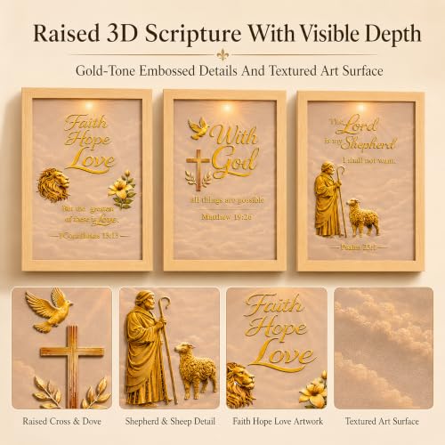 Framed Christian Wall Art Set of 3, 12x16 Bible Verse Wall Decor | Raised 3D Scripture With Gold-Tone Embossed Details, Psalm 23 Faith Hope Love Religious Wall Art For Living Room Prayer Room