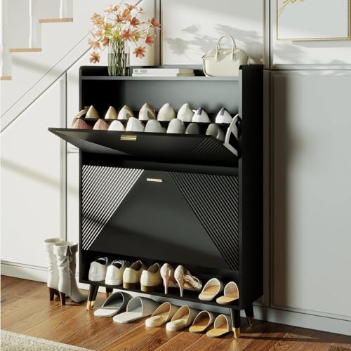 Black Shoe Cabinet for Entryway: 32" Shoe Cabinet with 2 Flip Drawers | Ultra Thin Shoe Cabinet Storage for Entryway, Fluted Shoes Rack Hidden, Modern Slim Shoe Organizer Cabinet for Hallway - size: 2 drawers