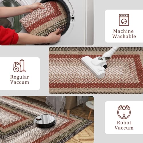Washable Runner Rug 2x8 Non Slip Braided Hallway Runner Mat | Stain Resistant Kitchen Farmhouse Printed Carpet Rustic Accent Runners for Living Room Bathroom Entryway, Crimson/Earthy - color: Crimson/Earthy, size: 2' x 8' (Runner)