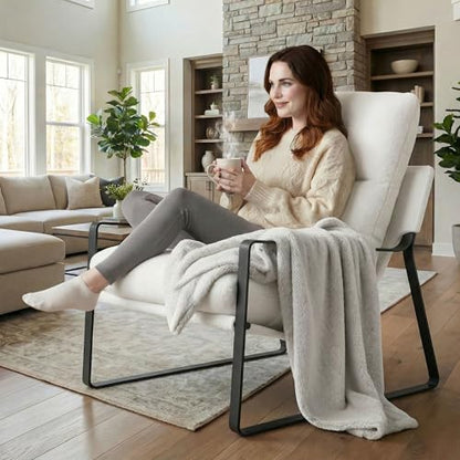 LukeAlon Modern Sherpa Accent Armchair, White | Sherpa Upholstered Living Room Chair With Metal Base & Thickened Cushion, Comfy Single Lounge Sofa for Bedroom, Office - color: Fur White