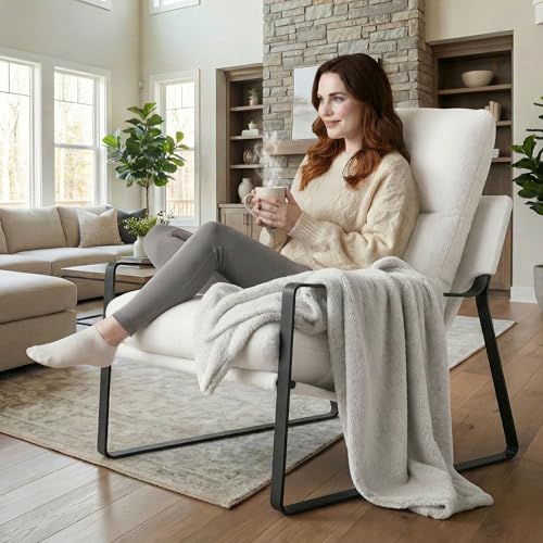 LukeAlon Modern Sherpa Accent Armchair, White | Sherpa Upholstered Living Room Chair With Metal Base & Thickened Cushion, Comfy Single Lounge Sofa for Bedroom, Office - color: Fur White