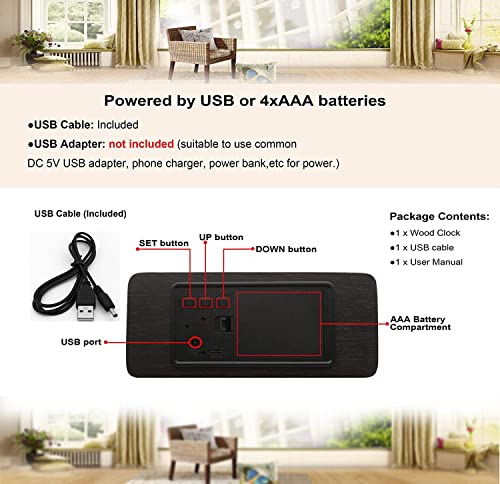 Wood Digital Alarm Clock Desk Time, Date(MM/DD/YY), Day of The Week, Temperature, Nightlight Large LED Display Portable Lamp Bedroom, Office, School, Home, Livingroom, Room (Brown) - color: Brown