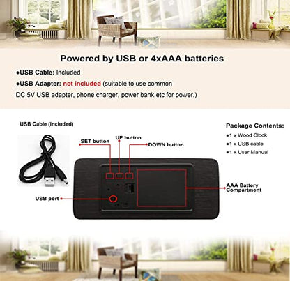 Wood Digital Alarm Clock Desk Time, Date(MM/DD/YY), Day of The Week, Temperature, Nightlight Large LED Display Portable Lamp Bedroom, Office, School, Home, Livingroom, Room (Brown) - color: Brown