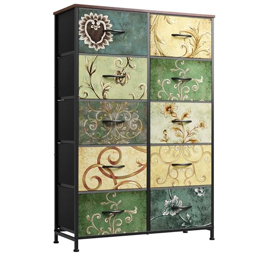 WLIVE Tall Dresser for Bedroom with 10 Fabric Drawers, Floral Painted | 10 Drawers, Fabric Dresser for Closet, Storage Tower with Cabinet, Metal Frame - color: Floral Painted