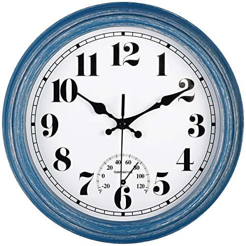 JENLYSTIME 12 Inch Indoor/Outdoor Retro Waterproof Wall Clock with Thermometer Silent Round Quartz Battery Operated Easy to Read Decorative for Kitchen Patio,Bathroom,Deck,Porch,Pool(Blue) - color: 12 Blue
