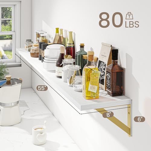 Dreamland Wall Mounted Floating Shelves Set of 2, 55x8, White&Gold | Engineered Wood, Visible Bracket, Large Storage, Hold Up to 80lbs, Living Room, Bathroom, Bedroom, Kitchen - color: White&gold, size: 55"W x 8"D