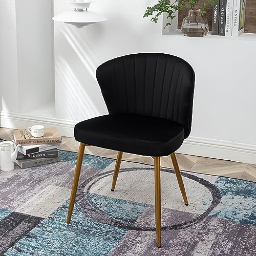 GDFStudio 30.71" Modern Velvet Accent Chair, Comfy Lounge Chair, Upholstered Side Chair with Channel Tufted Back, Gold Metal Legs, Armless Reading Chair for Living Room Bedroom Small Spaces, Black - color: Black + Polyester