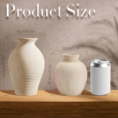 2 Pcs Rustic Farmhouse Vase Terracotta Clay Vase White Pottery Decorative Flower Pot Vintage Decor for Table, Living Room, Shelf, Mantel Decoration