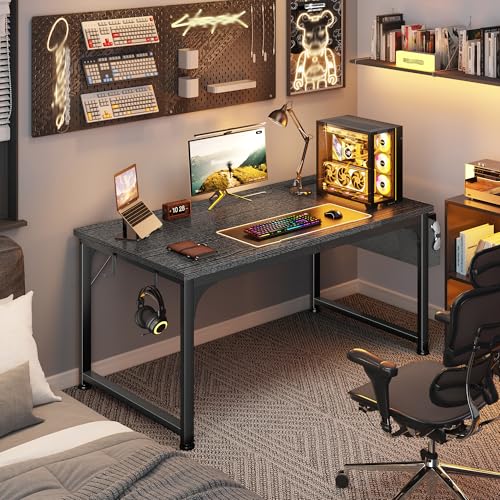 DurayLoly 47 x 24 inch Desk, 24mm Thick Heavy Duty Gaming Desk with RGB LED & Power Outlets, Detachable Stand, Hooks & Storage Bag, 110LBS Capacity, Home Office Computer Desk, Black - color: Black, size: 47 Inch