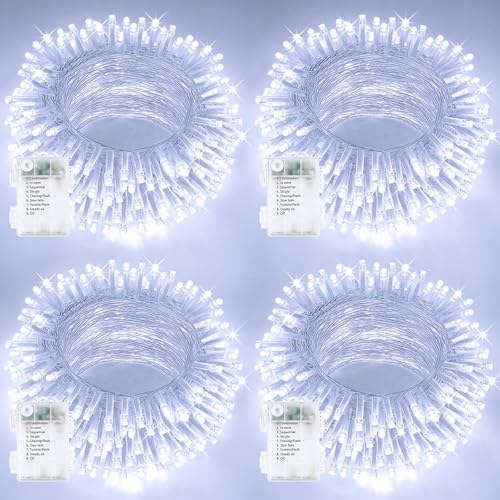 4 Pack 400 LED Battery Operated String Lights, Twinkle Lights Cool White | 132FT 8 Modes Christmas Fairy Lights Indoor Outdoor, Waterproof Battery Lights for Bedroom Party Porch Tree Holiday Decor - color: Cool White, size: 4PK(100LED)