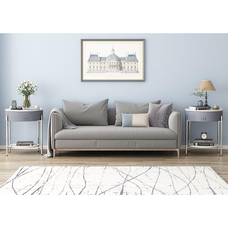 OIOG Nightstand with Drawer and Shelf, Marbling Natural Stone/Silver | Round Modern Side Table, Storage, Shelf, Chrome Finish Metal Legs, 2 Tier End Table, For Living Room, Bedroom, Office - color: Silver