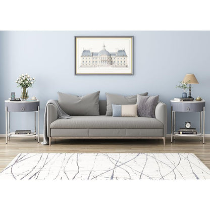 OIOG Nightstand with Drawer and Shelf, Marbling Natural Stone/Silver | Round Modern Side Table, Storage, Shelf, Chrome Finish Metal Legs, 2 Tier End Table, For Living Room, Bedroom, Office - color: Silver