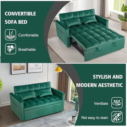 3 In 1 Velvet Convertible Sofa Bed, Pull Out Couch Bed with Reclining Backrest And 2 Pillows, 54" Full Size Loveseat Sleeper Sofa Futon Couch Beds, Couches For Small Spaces, Living Room (Dark Green) - color: Dark Green
