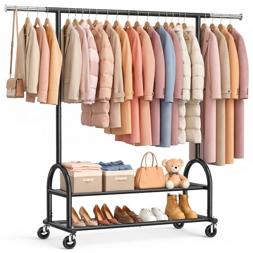 Heavy Duty Clothes Rack for Hanging Clothes Load 556 LBS, Height Adjustable Rolling Clothing Racks, Portable Metal Coat Rack Garment Wardrobe with Wheels and Shelves for Bedroom Laundry, Black - color: Black, style: 2 Shelves