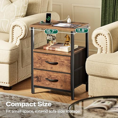 Huuger Night Stand with Charger Station and LED Lights, 2 Drawer Nightstand | Bed Side Table with Open ShelfEnd TableFabric Dresser for Bedroom, Rustic Brown - color: Rustic Brown, size: 11.8"D x 15.7"W x 23.6"H（2 Drawers）