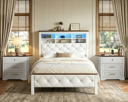 29.5" Tall Nightstand with Charging Station, 3 Drawer Farmhouse Night Stand, 27.6" Wide End Table with Storage, Large Bedside Table for Bedroom Living Room, White and Walnut - color: White and Walnut