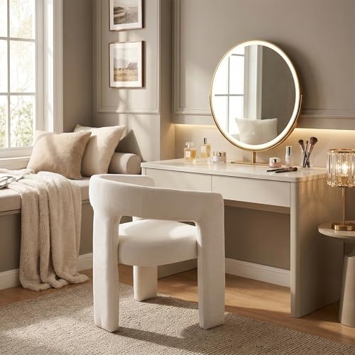 HNY Modern Chenille Barrel Single Dining Chair, White | Upholstered Accent Armchair With 18.32" Wide Seat No Assembly Required For Living Room Bedroom Vanity Small Spaces - color: White Chenille