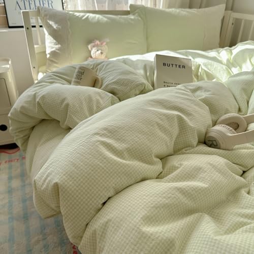 MKXI Mint Green Gingham Duvet Cover Set Twin - 3-Piece Vintage Floral Bedding with White Lace Trim, Soft Washed Microfiber Princess Comforter Cover & Pillowcases for Girls, Sweet Cottagecore Style - color: 000 Lace- Green Gingham, size: Twin
