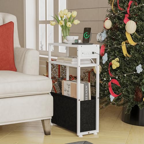 Leomonio White Side Table with Charging Station, Slim End Tables with Fabric Basket, Skinny Table for Small Spaces, Thin Bedside Table for Living Room, Bedroom - color: White - Outlet