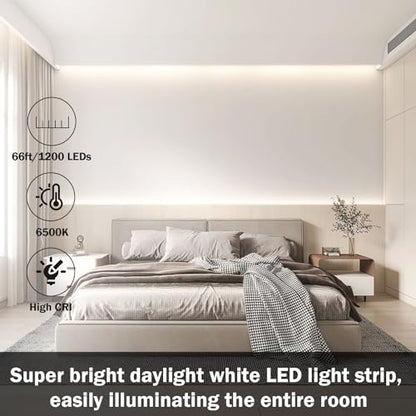 66ft White LED Strip Lights with Remote, 6500K Dimmable 12V LED Light Strip, 1200 LEDs Flexible Cuttable Tape Lights for Bedroom Kitchen Cabinet Ceiling Lighting - size: 66ft-White Light Strip