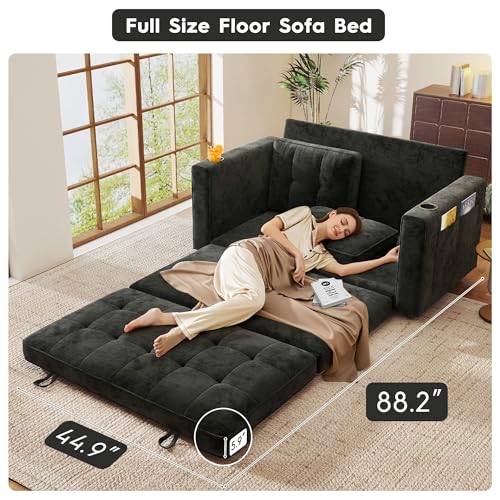 55" Convertible Folding Sofa Bed, Pull Out Couch Love Seat Sleeper Bed, Small Fold Out Loveseat Sleeper with Cup Holder and Pillow for Small Space, Bedroom Lounge, Dorm, Living Room(Black Chenille) - color: Black