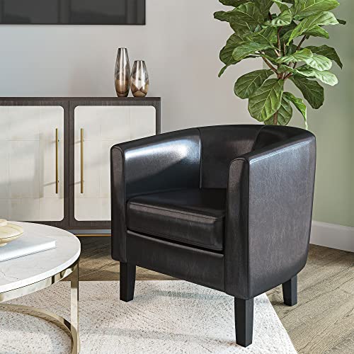 BELLEZE Accent Barrel Chair, Set of 2 Faux Leather Round Club Tub Sofa Corner Chair with Flared Legs and Cozy Soft Padding for Living Room Bedroom Waiting Room - Black - color: Black, style: Set of 2 Barrel Chair