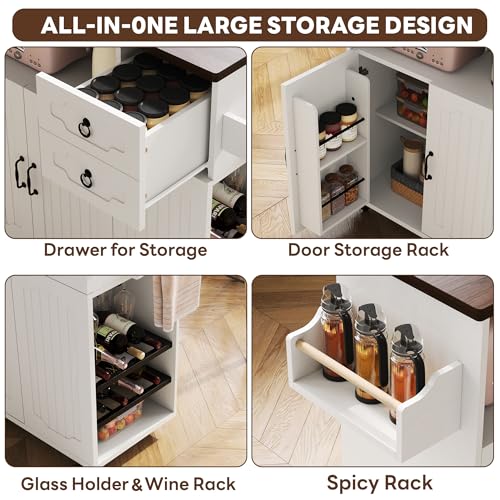 LIKIMIO 51" Mobile Kitchen Island with Drop Leaf & Power Outlet, Kitchen Rolling Island with Storage Cabinets & Drawers, Kitchen Island Cart with Glass Holder & Wine Rack for Dining Room, White