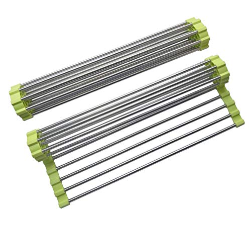 Roll Up Dish Drying Rack, Stainless Steel and Silicone Dish Drying Mat Over The Sink Foldable Drain Rack Multipurpose Dish Drainer for Kitchen, 14.5” x 14”, Green - color: Green