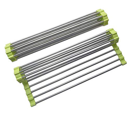 Roll Up Dish Drying Rack, Stainless Steel and Silicone Dish Drying Mat Over The Sink Foldable Drain Rack Multipurpose Dish Drainer for Kitchen, 14.5” x 14”, Green - color: Green