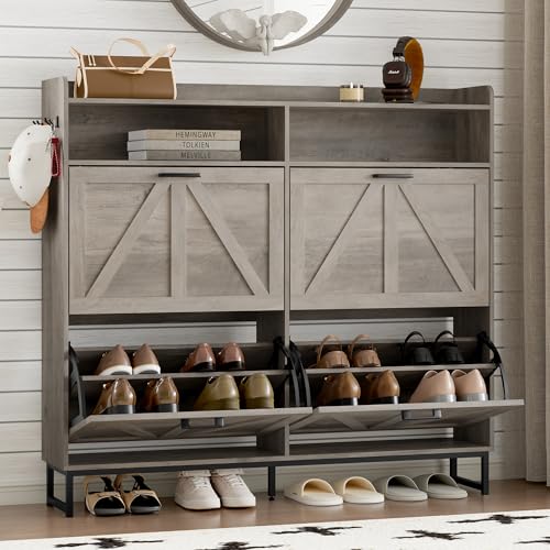 BORNOON Shoe Cabinet with 4 Flip Drawers Narrow Shoe Storage Cabinet Organizer Wooden Freestanding Shoe Rack Hidden Slim Shoes Storage Cabinet for Entryway, Hallway, Living Room, Bedroom - color: Grey, size: 4-Drawer