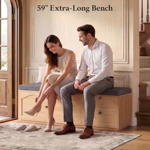 59" Storage Bench with Drawer, 2-Tier Shoe Bench with Doors, Long Entryway Bench, Thickened Cushion, Adjustable Shelf, Recessed Design for Entryway, Bedroom, Living Room, Natural