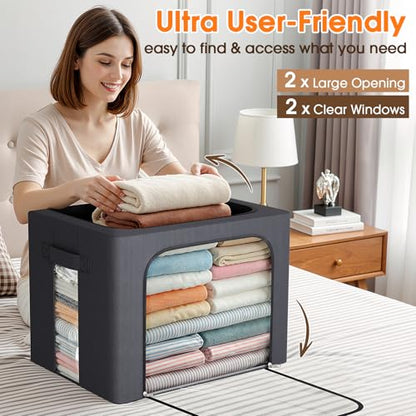 4 Pack Clothes Storage Bins with Metal Frame, Light Grey, 40L | Foldable Storage Boxes with Clear Window, Front & Top Zipper Openings, Stackable Organizer with Handles for Closet & Bedroom