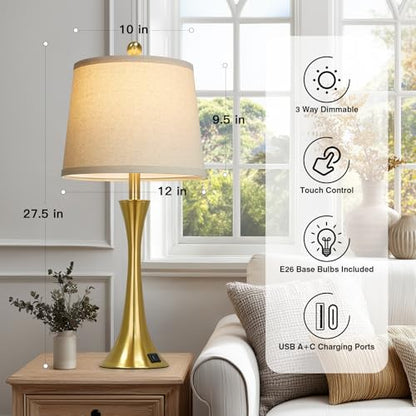 Rinweey 27.5" Gold Lamps for Living Room, Touch Control 3-Way Dimmable Bedside Nightstand Lamps Bedroom Lamp,Modern Gold Table Lamp with USB A+C Ports,Tall Lamps for Living Room End Table（1Pack） - color: Gold (1 Pack)
