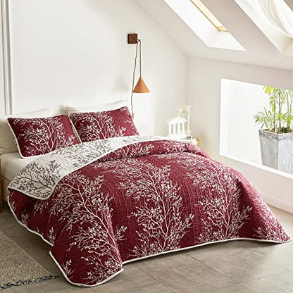 3 Pieces Christmas Quilt Set Burgundy Red Branch Queen Size 88x88 Soft Microfiber Lightweight Coverlet Bedspread New Year Holiday Bedding Set Bed Cover for All Season (1 Quilt+ 2 Shams) - color: Red Branch, size: Queen(88x88)